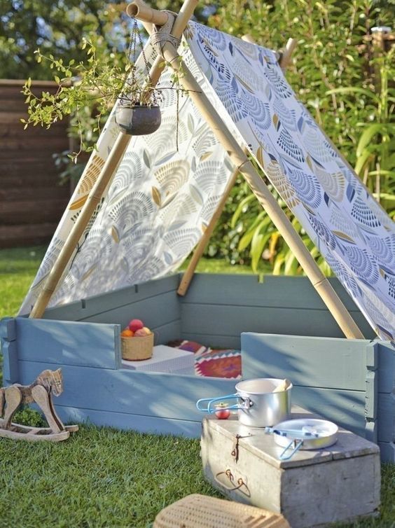 a small teepee is easy to construct, it can be a nap space, a picnic space or a reading zone