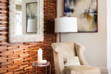 a stained wood slab accent wall will add coziness and chic and a matching floor highlights it even more