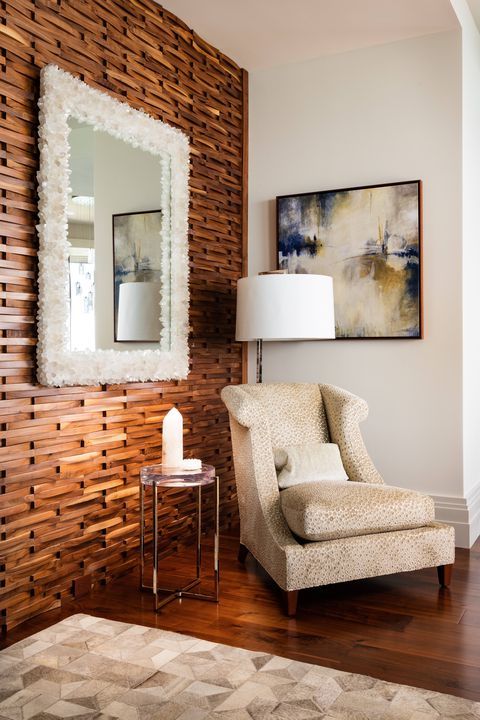 a stained wood slab accent wall will add coziness and chic and a matching floor highlights it even more