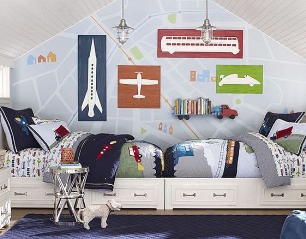 Shared boys rooms aren't that hard to design. Just make sure to buy the same beds for them.