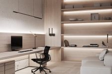 a luxurious minimalist home office with a sleek built-in desk with storage, a black chair, a neutral sofa and built-in shelves with lights is a cool space