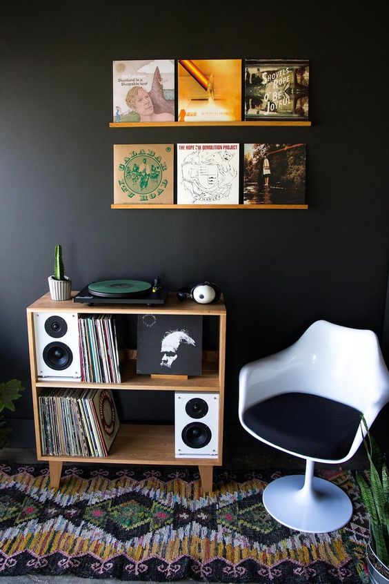 a nook for listening to vinyl with ledges that allow displaying favorites over the space