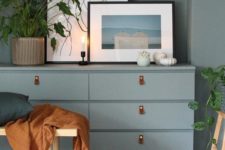 a blue Malm dresser hack with leather pulls is a gorgeous idea for a boho space