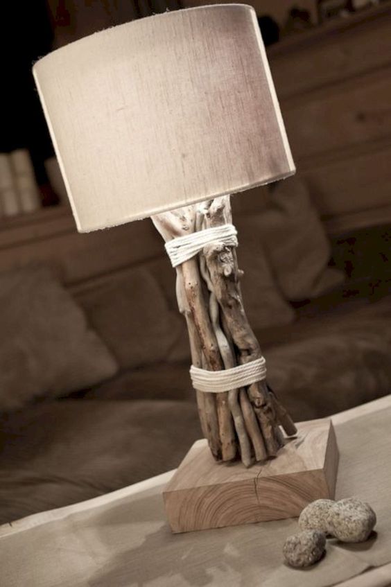 a cool table lamp of driftwood and a simple burlap lampshade is a lovely idea for a beachy or coastal interior