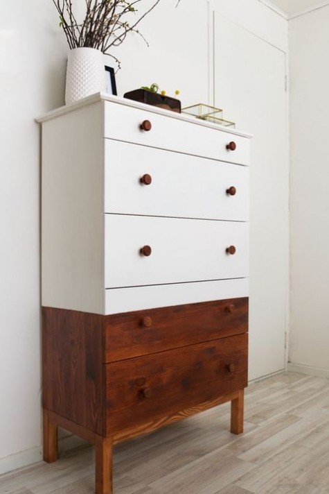 a half-stained and half painted white Tarva dresser with stained knobs is a stylish option with a rustic feel
