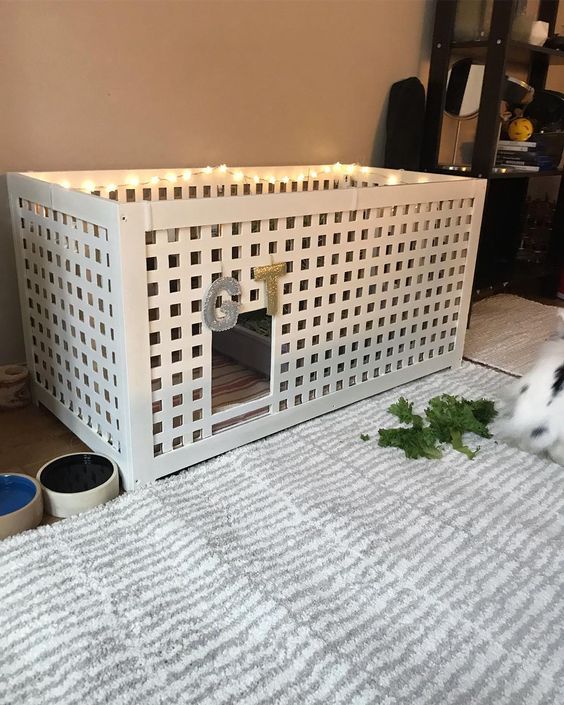 an IKEA Hol table turned into a bunny retreat with some lights and monograms is a cute hack