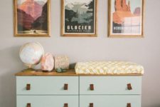 an IKEA Tarva dresser hack with mint paint, wooden legs and a countertop and leather pulls