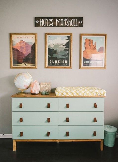 an IKEA Tarva dresser hack with mint paint, wooden legs and a countertop and leather pulls