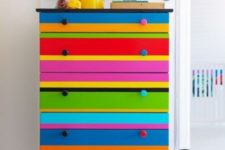 colorful striped Tarva dresser hack with bold knobs is a fun and whimsy piece, ideal for a kid’s room