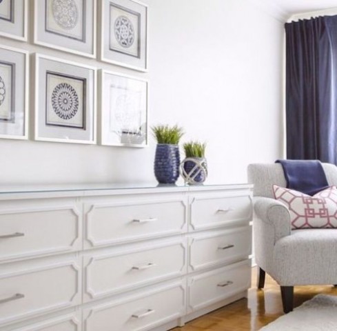 several Malm dressers with trims and white handles for a modern farmhouse space