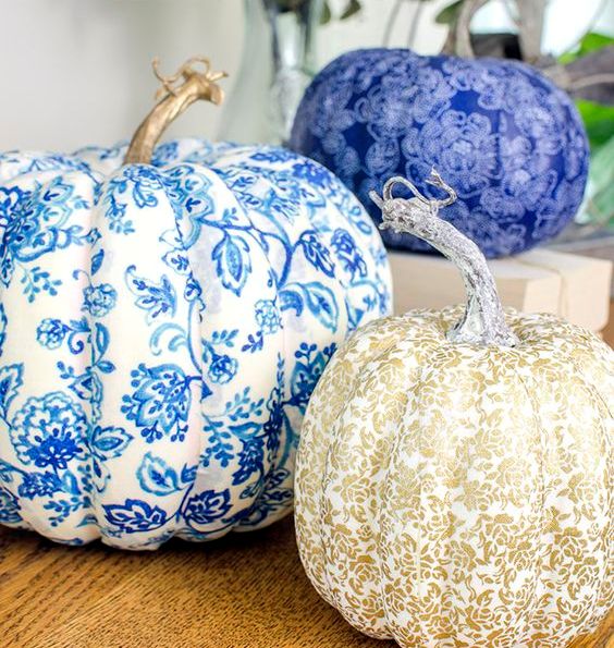 refined vintage-inspired blue, white and gold pumpkins covered with fabric are chic and non-typical