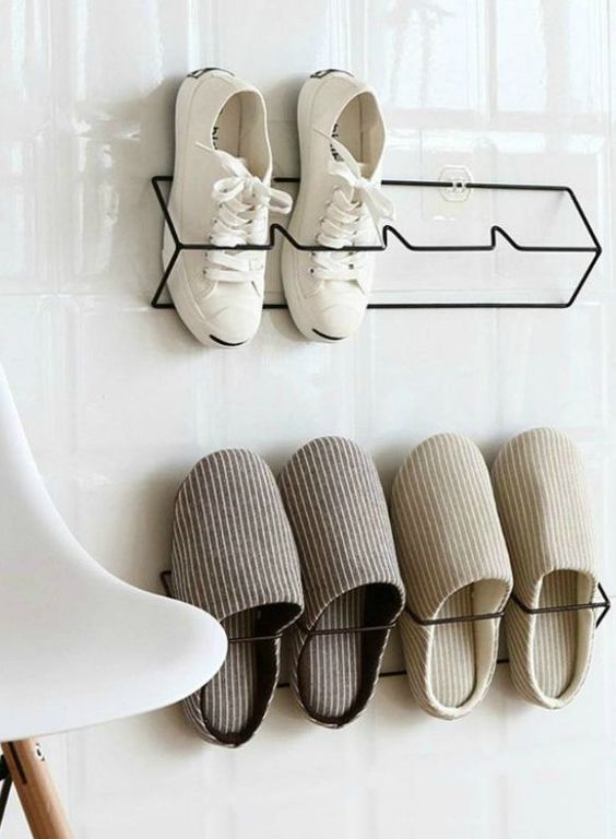 simple and comfortable wire shoe organizers that can be attached to closet doors or walls in an entryway