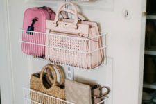 wire shelves attached to the door are a stylish idea to store your bags, shoes or some other stuff