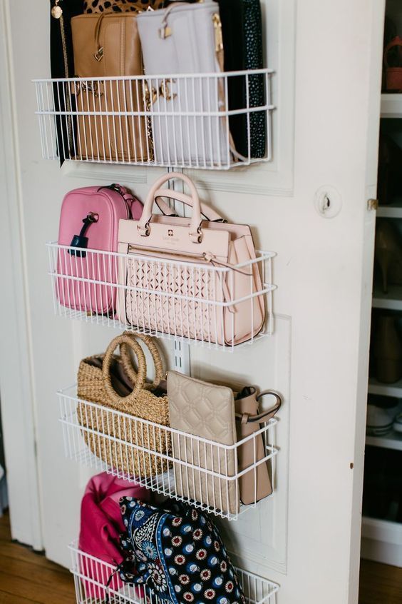 wire shelves attached to the door are a stylish idea to store your bags, shoes or some other stuff
