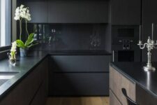 a minimalist black kitchen with matte cabinets, black countertops and a backsplash, a large kitchen island in black and with stain