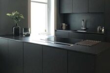 a minimalist black kitchen with sleek cabinets and a sleek kitchen island plus a black backsplash and countertops