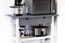 a stylish IKEA Forhoja cart hacked with grey and white paint, used for storage and for cooking stuff here
