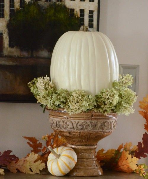 a white pumpkin and green hydrangeas in a porcelain urn as a stand for decorating for the fall in vintage style