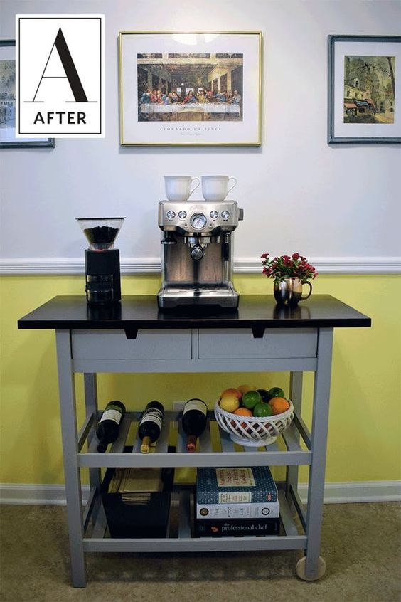 An IKEA Forhoja bar for your home   a cart hacked with grey paint and a black countertop, with all the necessary things