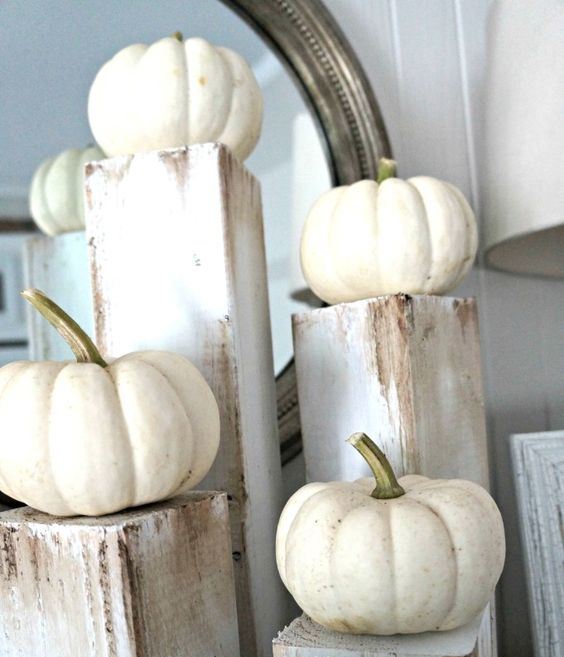 mini white pumpkins on rough wooden stands compose a rustic centerpiece with a shabby chic touch