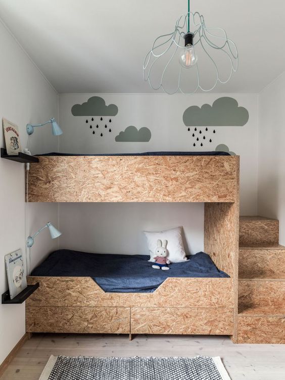 plywood bunk beds with storage drawers and blue wall sconces for a quirky and fun room