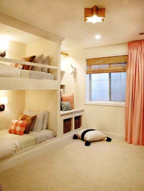 white built-in bunk beds with wall lamps and railing along the upper bed to keep the kid safe