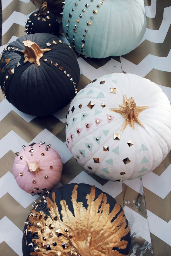 modern aqua, white, black and pink pumpkins with studs, painting, sequins and gold paint for a modern feel