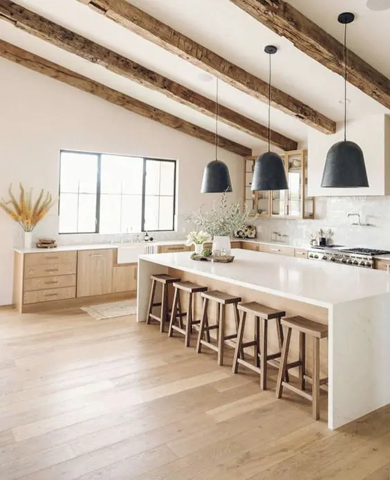 a neutral contemporary kitchen with light-colored cabinetry, rough wooden beams with black pendant lamps is chic and cozy