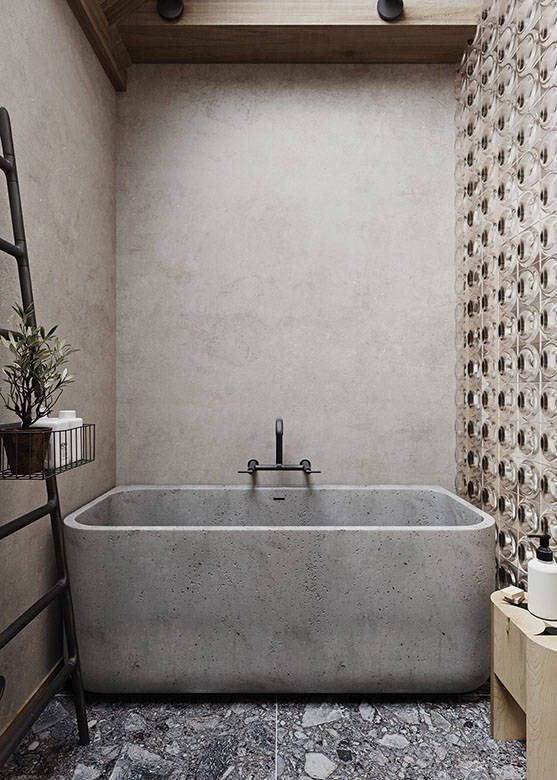 A wabi sabi bathroom with concrete and a glass wall, a cocnrete bathtub, a stone floor and a black ladder is bold