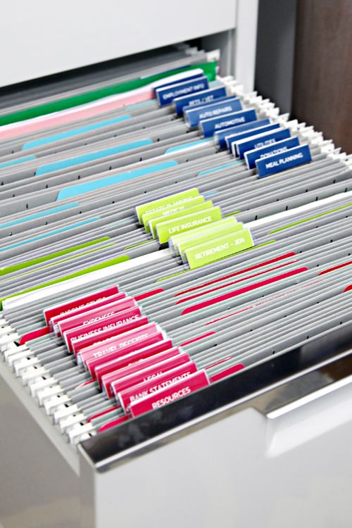 a comfortable filing system in a large drawer is a great idea that works for usual and for home office, too