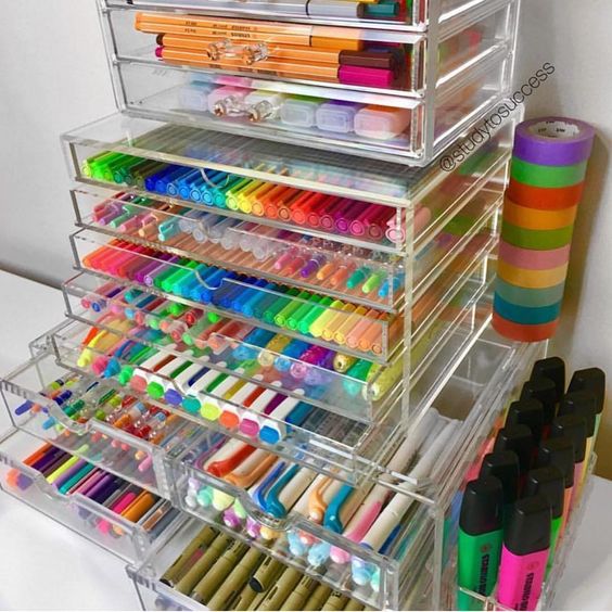 a sheer acrylic unit is ideal for storing markers, sharpies, pencils and tape