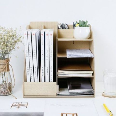 a wooden home office organizer is perfect for notebooks, files, agazines and even mini pots with greenery and succulents