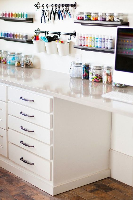 ledges and hook holders plus jars will help you organize if you don't have much stuff