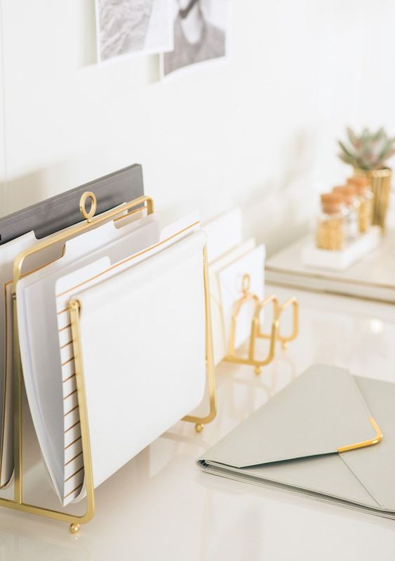 several gold holders for files and documents will stylishly complete your desk look and will be comfortable in using