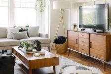 stained mid-century modern furniture – a TV unit and a coffee table- add chic and coziness to this living room
