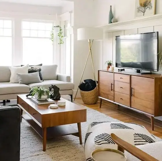 Stained mid century modern furniture   a TV unit and a coffee table  add chic and coziness to this living room
