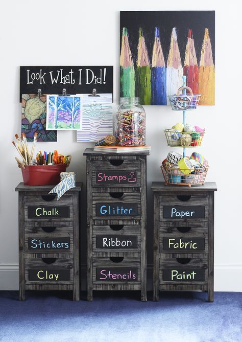 weathered wood drawer units with chalkboard labels are great for storage