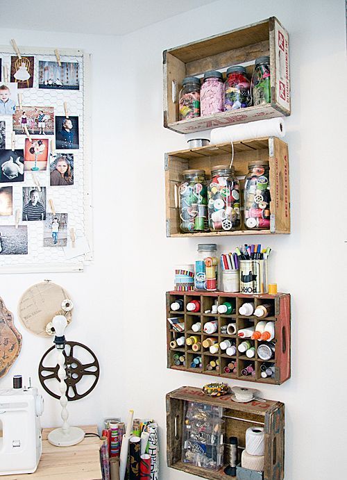 wood crates can accommodate paints, yarn, twine and other small stuff