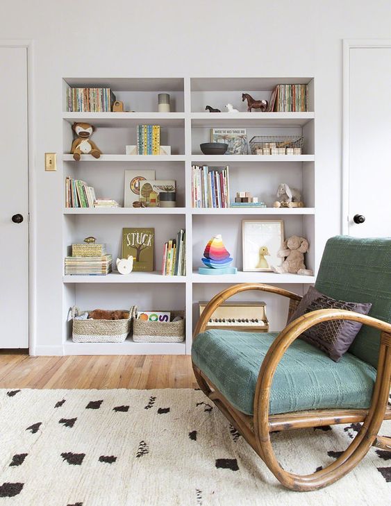 a built-in bookcase will accommodate a lot of things - from books and toys to any stuff you need for the baby
