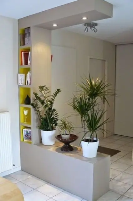 A doorway storage unit with some potted plants and open shelves for storage and display and built in lights is ideal to separate the spaces