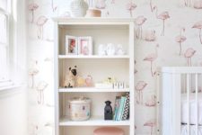 an open storage unit next to the kid’s bed is a stylish idea that provides not much storage space but still