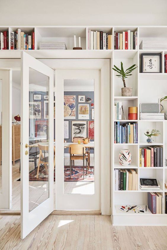 open shelves surrounding the doorway and showing off books, potted plants and artworks is a very cool idea to rock