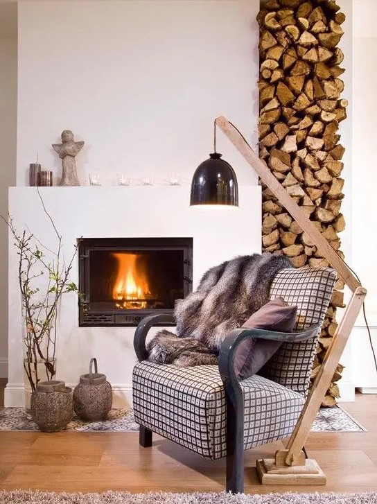 stack your firewood right next to the fireplace making the room cozy, welcoming and warm