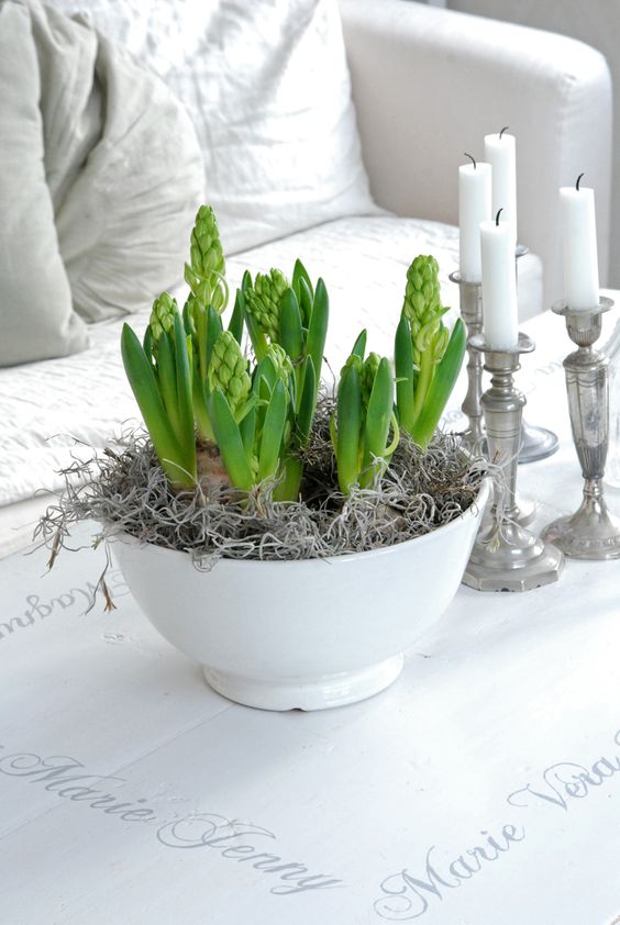 vintage spring decor with candles in silver candleholders, a bowl with hay and bulbs for a Scandinavian feel