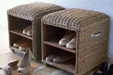 wicker storage poufs with metal handles are ideal for a rustic entryway, they can be rocked anywhere and anytime for storage and sitting