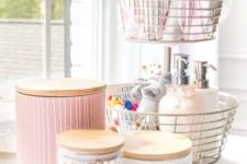 wire baskets and glass jars with wooden lids will help you organize all the small stuff you have