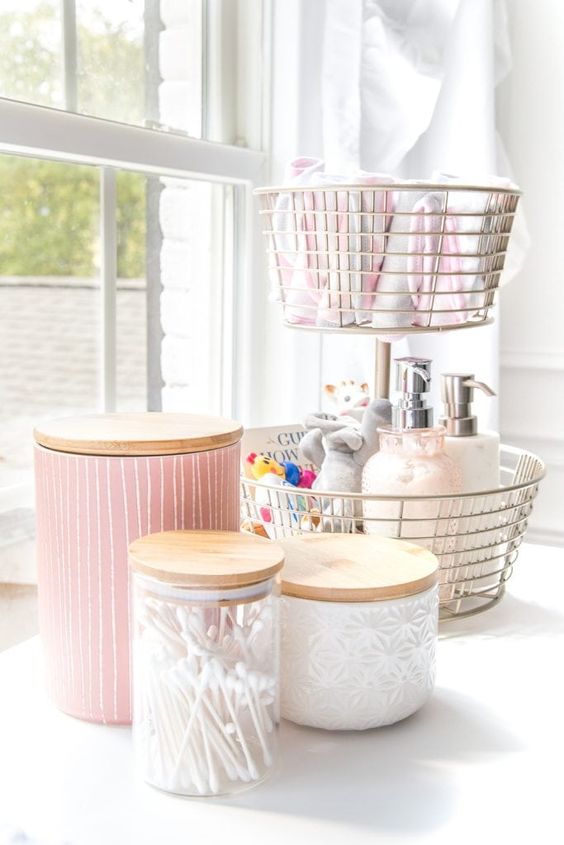 wire baskets and glass jars with wooden lids will help you organize all the small stuff you have