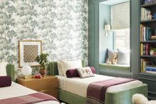 a girl’s bedroom with a botanical wallpaper