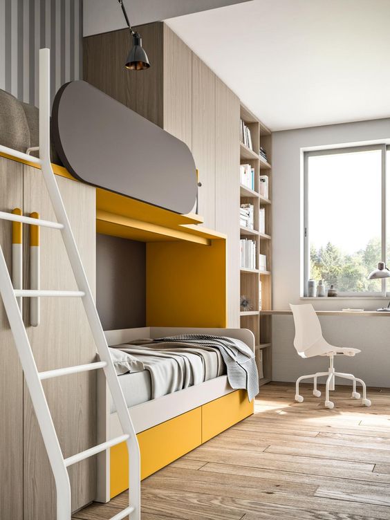 a contemporary shared teen boy bedroom with a bunk bed with much storage, open shelves and a floating desk