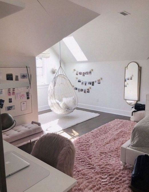 a delicate teen girl bedroom with skylights, blush and pink touches, photos, faux fur and grey touches